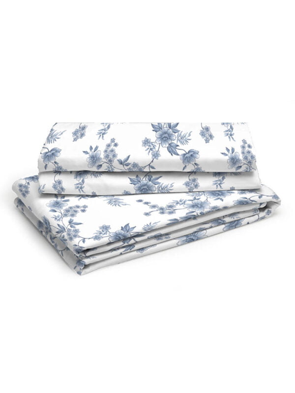 Cottage Garden-2 300 TC 100% Cotton Ultra Fine White/Blue Colored Floral Print Double Bed Sheet Set