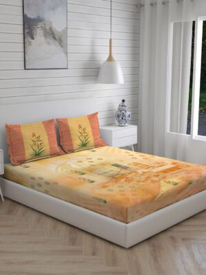 City Saga 270 TC 100% Cotton Super Fine Yellow Colored Indian Print King Bed Sheet Set