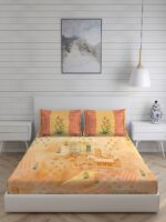 City Saga 270 TC 100% Cotton Super Fine Yellow Colored Indian Print King Bed Sheet Set