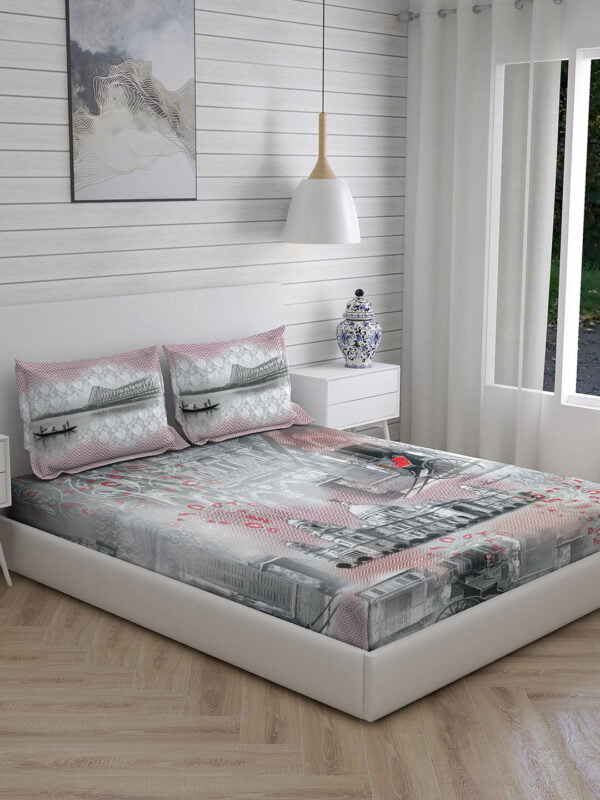 City Saga 270 TC 100% Cotton Super Fine Grey Colored Indian Print King Bed Sheet Set