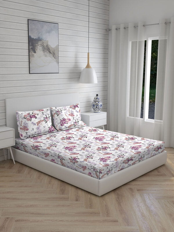 Angelite 270 TC 100% Cotton Super Fine White/Purple Colored Floral Print King Bed Sheet Set