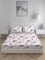Angelite 270 TC 100% Cotton Super Fine White/Purple Colored Floral Print King Bed Sheet Set