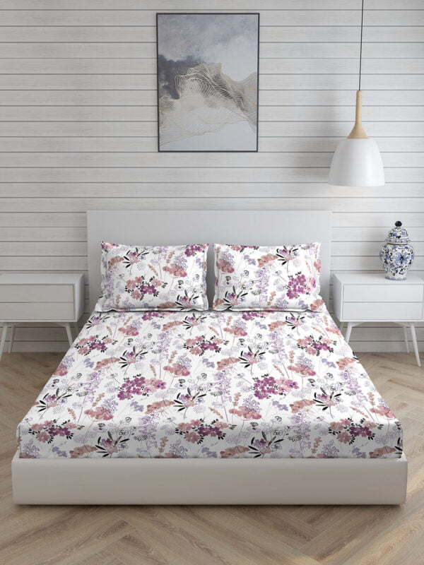 Angelite 270 TC 100% Cotton Super Fine White/Purple Colored Floral Print King Bed Sheet Set