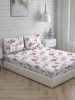 Angelite 270 TC 100% Cotton Super Fine White/Purple Colored Floral Print King Bed Sheet Set