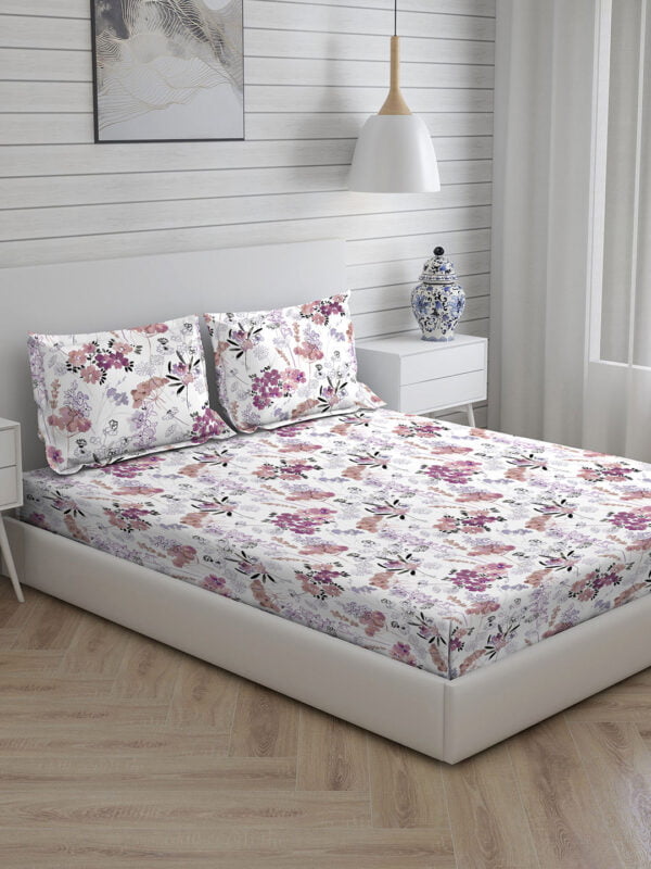 Angelite 270 TC 100% Cotton Super Fine White/Purple Colored Floral Print King Bed Sheet Set
