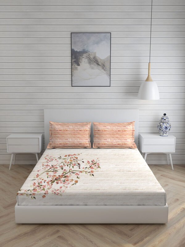 Angelite 270 TC 100% Cotton Super Fine Beige Colored Floral Print King Bed Sheet Set