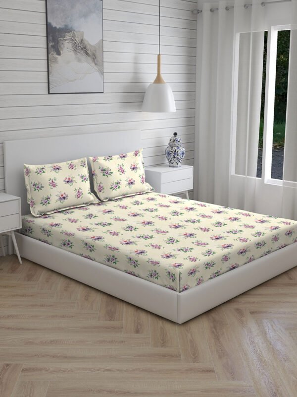 Angelite 270 TC 100% Cotton Super Fine Ivory Colored Floral Print King Bed Sheet Set