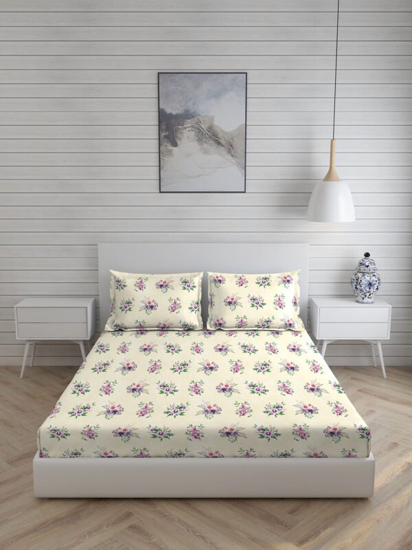 Angelite 270 TC 100% Cotton Super Fine Ivory Colored Floral Print King Bed Sheet Set