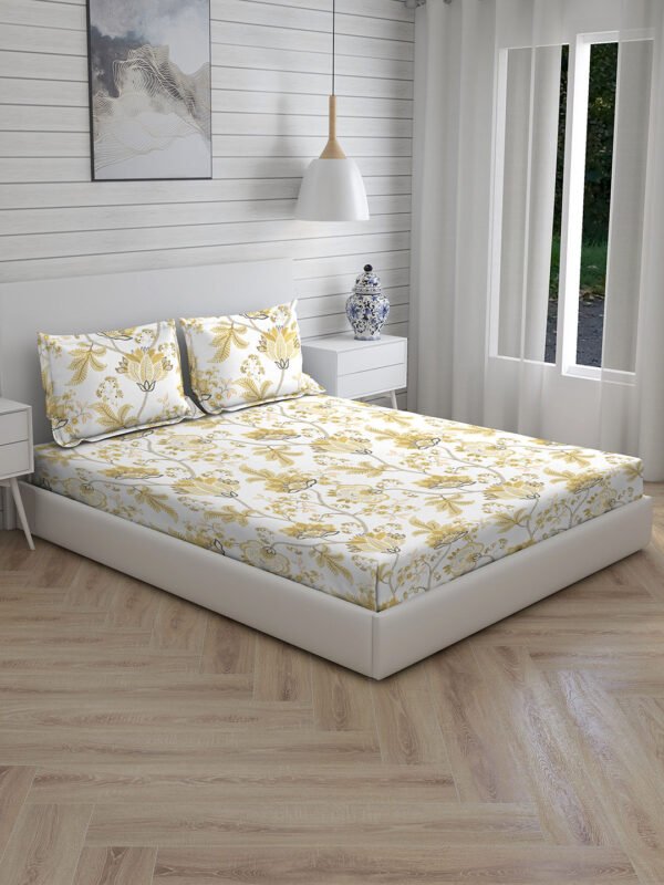 Iris Gaze-2 100% Cotton Fine White/Yellow Colored Floral Print King Bed Sheet Set