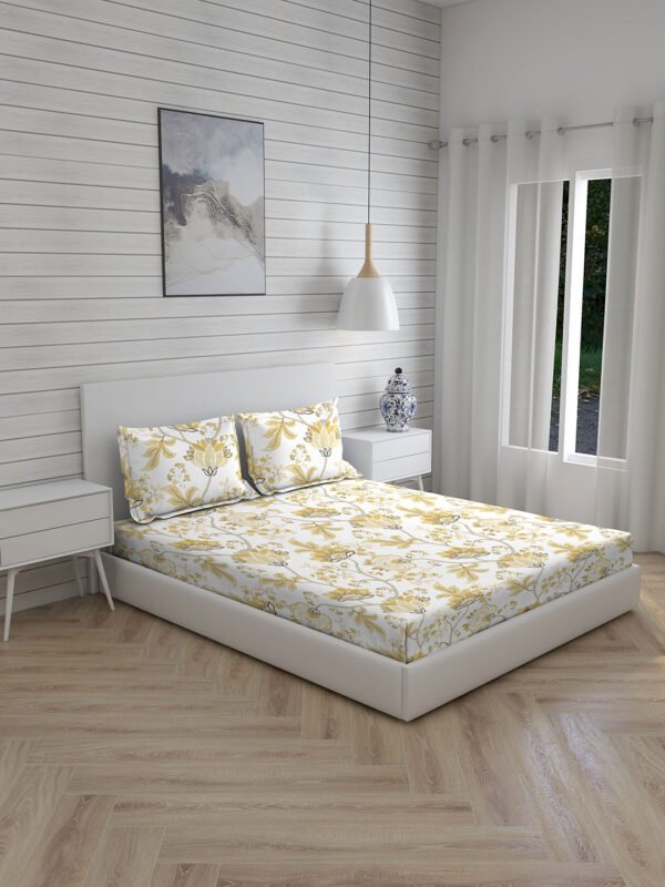Iris Gaze-2 100% Cotton Fine White/Yellow Colored Floral Print King Bed Sheet Set