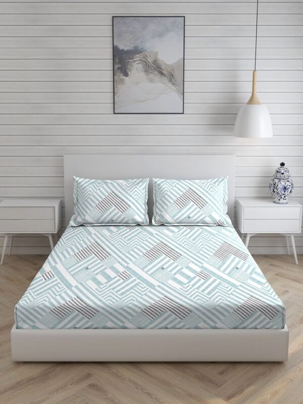 Iris Gaze-2 100% Cotton Fine Blue Colored Geometric Print King Bed Sheet Set