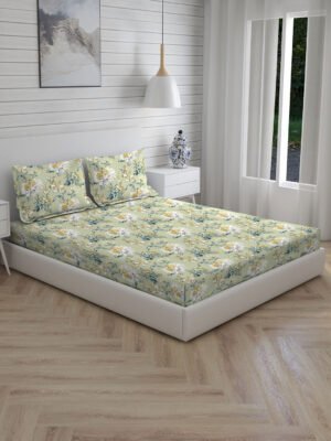 Iris Gaze-2 100% Cotton Fine Green Colored Floral Print King Bed Sheet Set