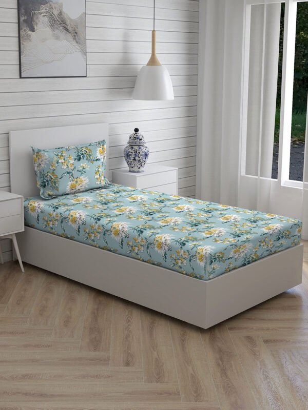 Iris Gaze-2 100% Cotton Fine Blue Colored Floral Print Single Bed Sheet Set