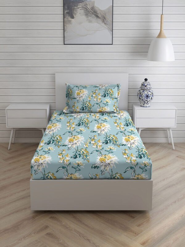 Iris Gaze-2 100% Cotton Fine Blue Colored Floral Print Single Bed Sheet Set