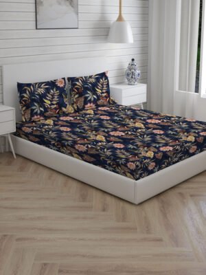 Tangelo 300 TC 100% Cotton Ultra Fine Dark Blue Colored Floral Print Super King Bed Sheet Set