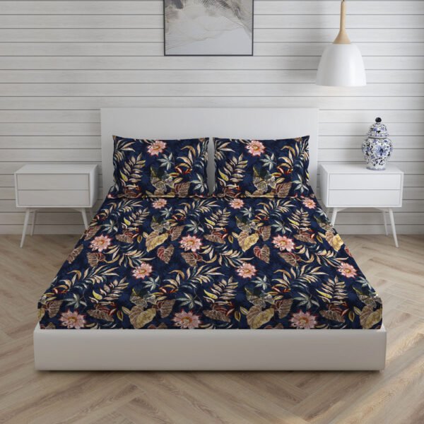 Tangelo 300 TC 100% Cotton Ultra Fine Dark Blue Colored Floral Print Super King Bed Sheet Set