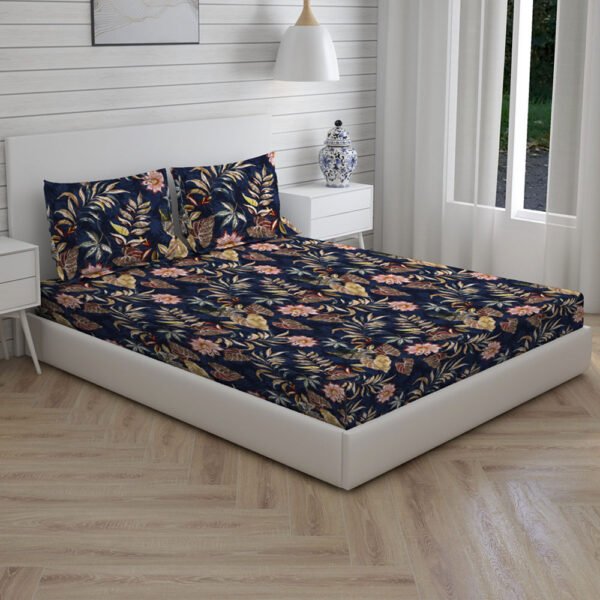 Tangelo 300 TC 100% Cotton Ultra Fine Dark Blue Colored Floral Print Super King Bed Sheet Set