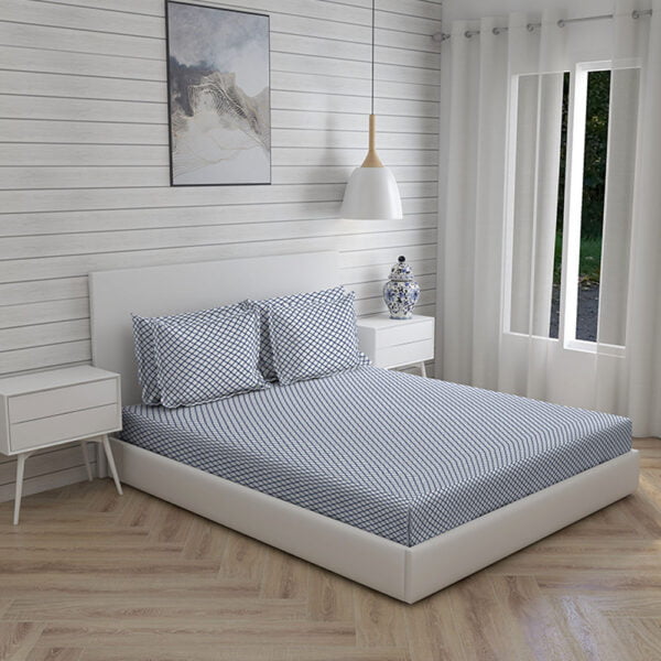 Orchid 800 TC 100% Cotton Ultra Luxurious Blue Colored Interlock Print King Bed Sheet Set