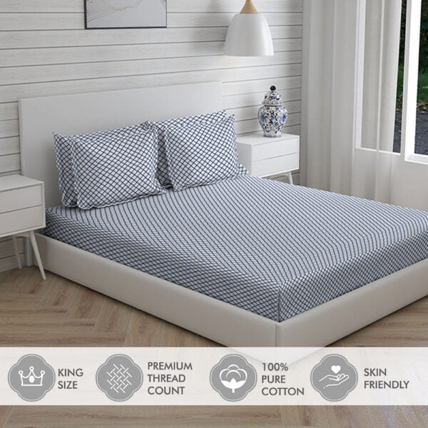 Orchid 800 TC 100% Cotton Ultra Luxurious Blue Colored Interlock Print King Bed Sheet Set