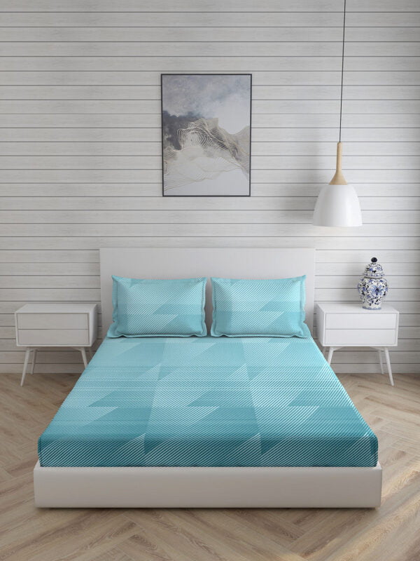 Mystic Hues 270 TC 100% Cotton Super Fine Blue Colored Geometric Print King Bed Sheet Set