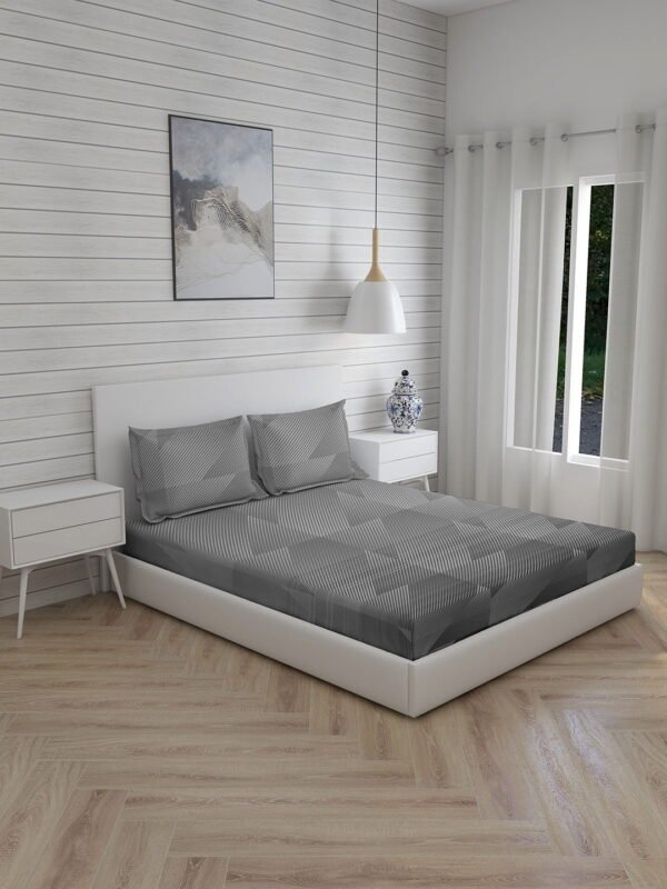Mystic Hues 270 TC 100% Cotton Super Fine Grey Colored Geometric Print King Bed Sheet Set